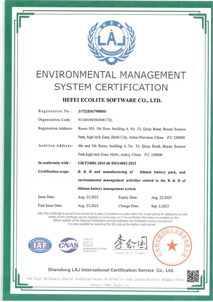 Κίνα HEFEI ECOLITE ENERGY CO., LTD. Πιστοποιήσεις